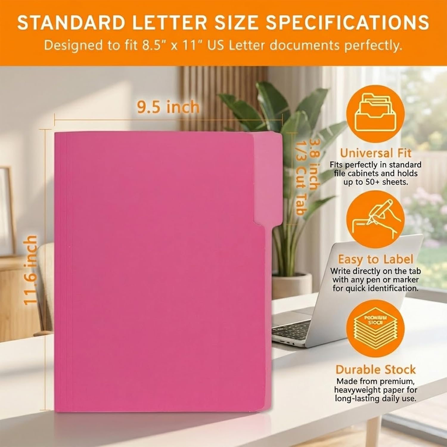 VZCPYTPM 150 Pack Pink File Folders,Letter Size (8.5x11 in),1/3-Cut Tabs in Assorted Positions,Cardstock Paper Folders for Office,School & Home Filing Cabinet Organization, Bulk Document Folders