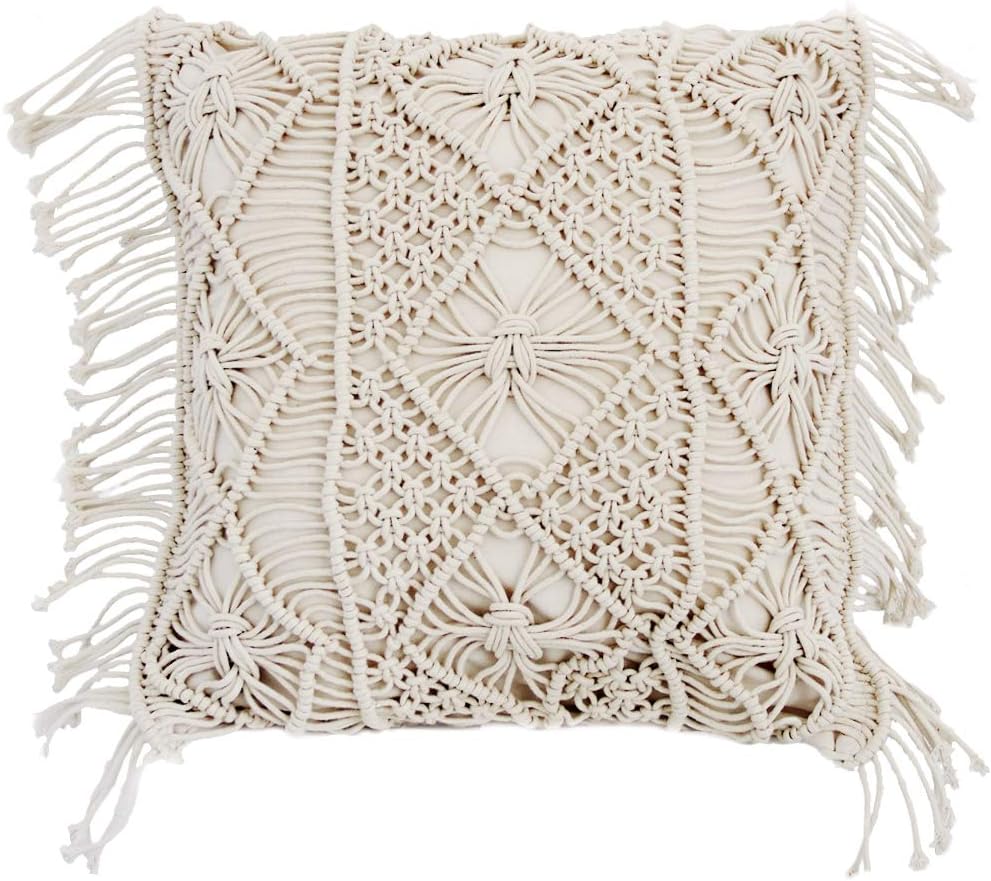 18'' Handwoven Macrame Rope Throw Pillow Cover Case Tassel Knitted Decorative Square Cushion Case Pillowcase for Sofa Bedroom Car Couch Chair,Bohemian Style Home Decor