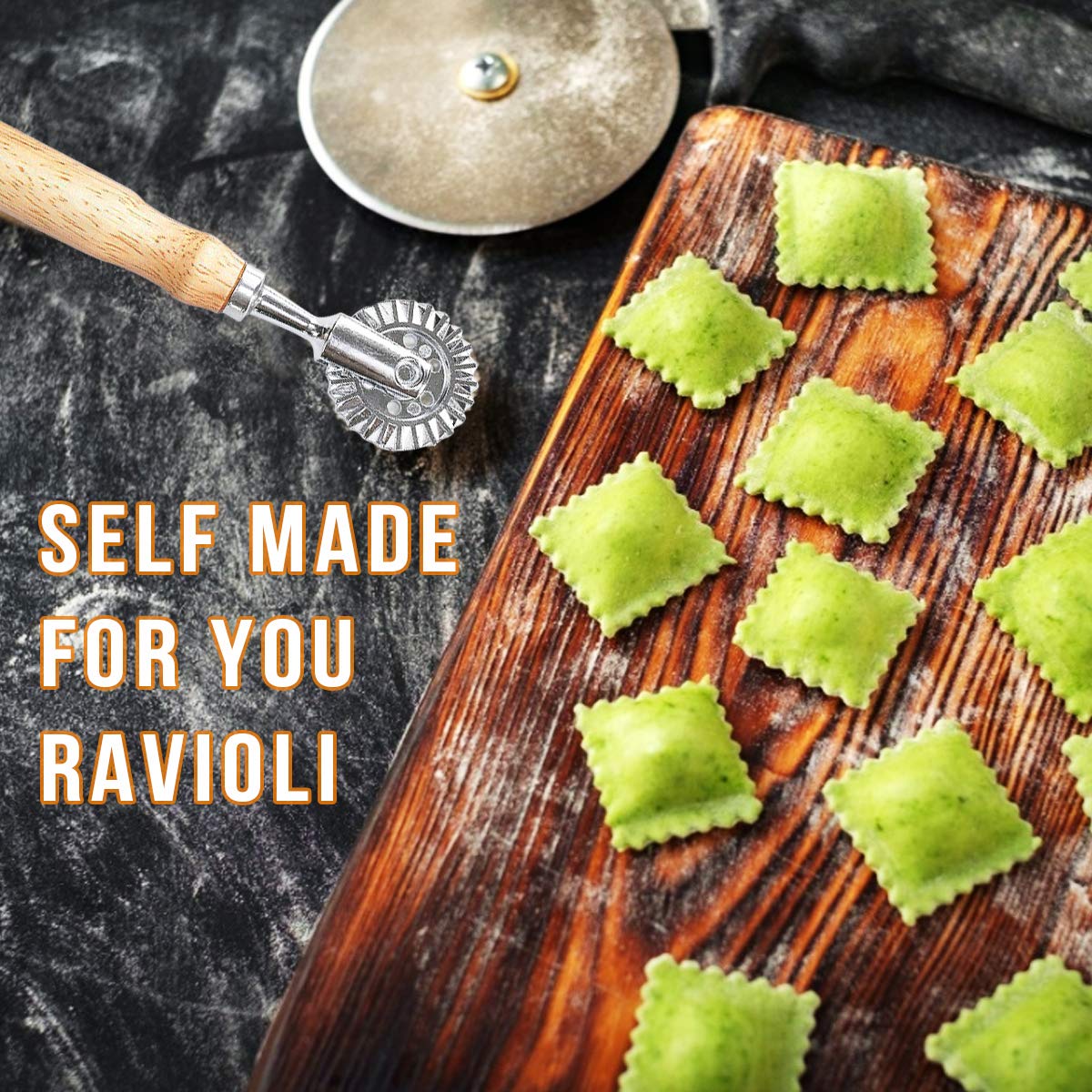 MASTER FENG Stampo Ravioli, stampo con manico in legno e taglierina per pasta con bordi