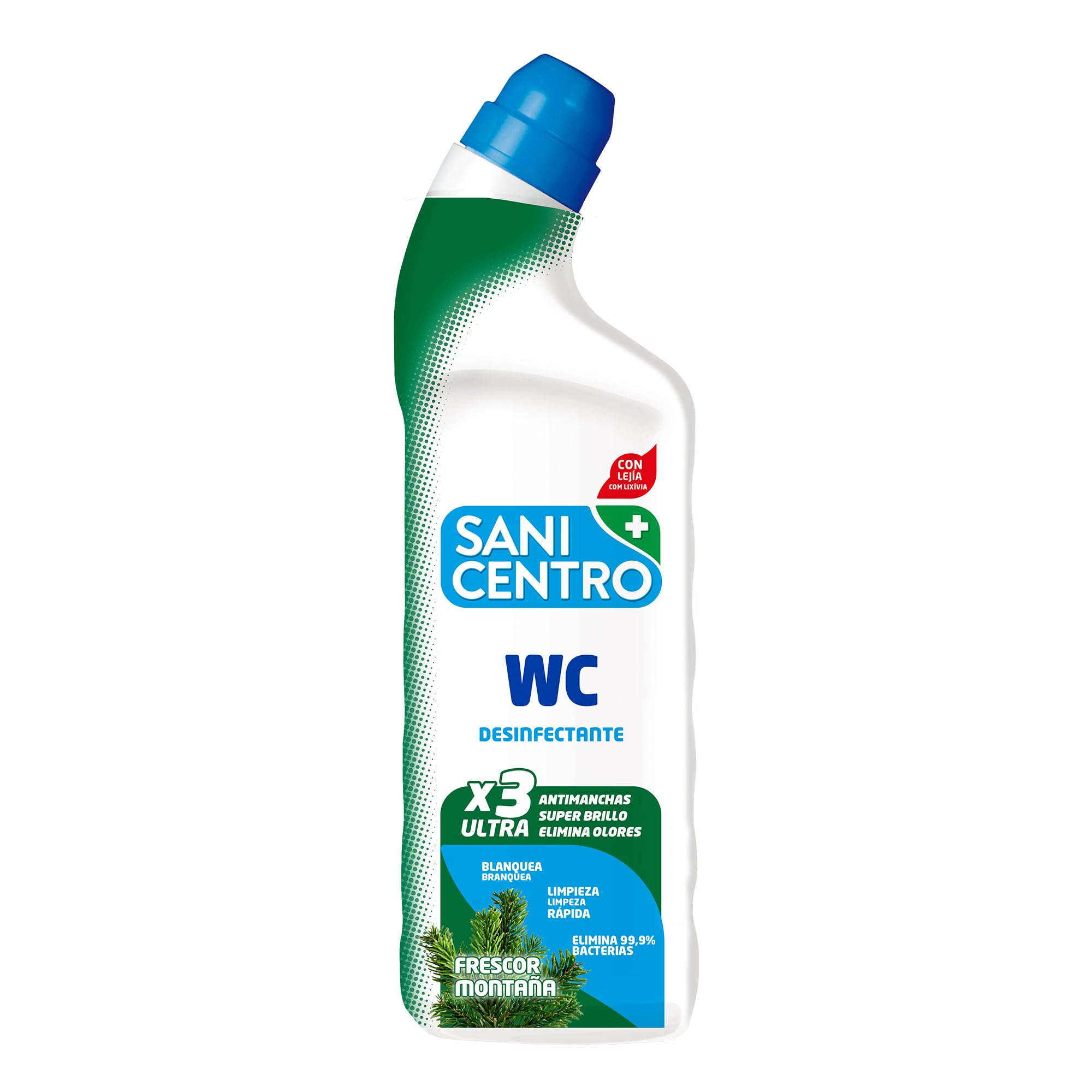 Sanicentro Gel WC Desinfectante Frescor Montaña | Limpieza profunda con lejía | Blanquea y elimina manchas | Neutraliza olores | Botella 1L con tapón de seguridad