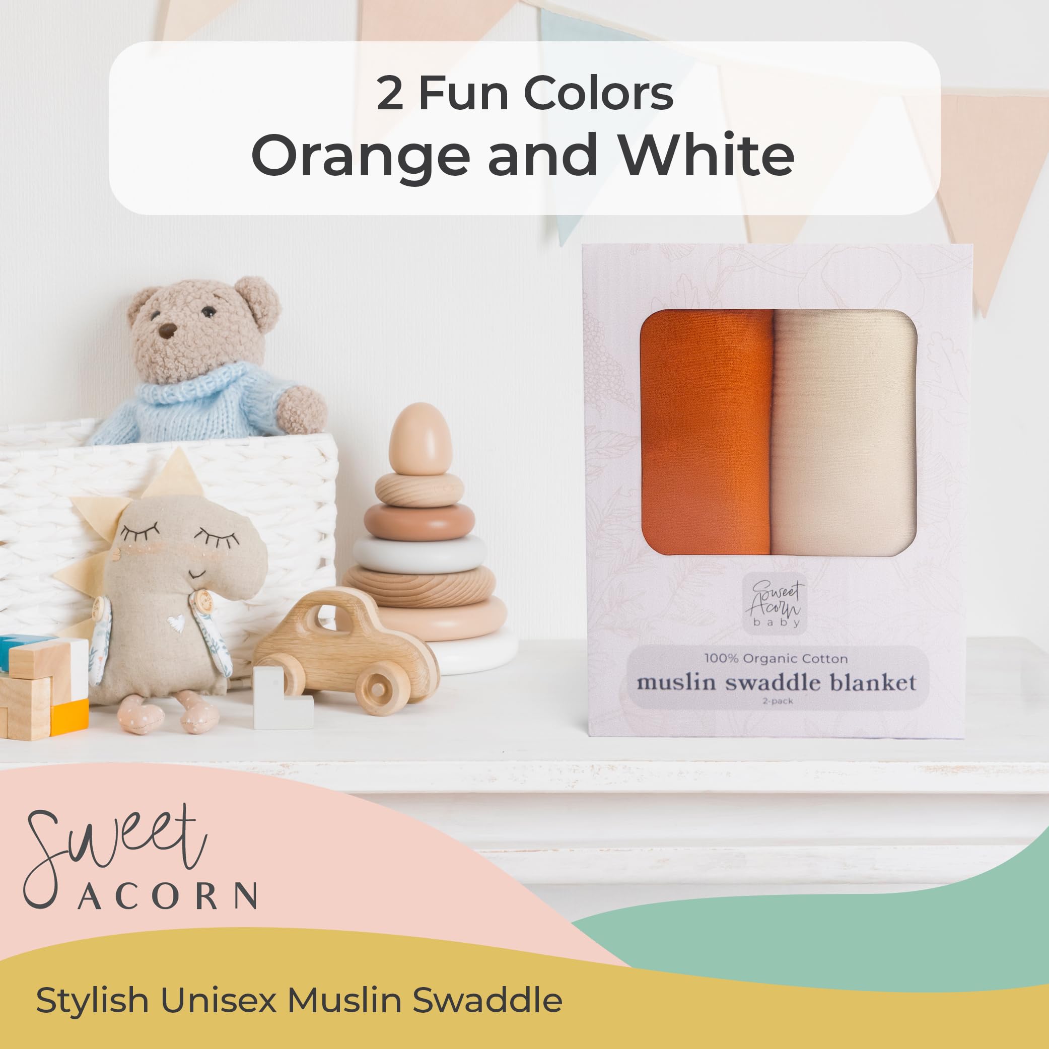 Sweet Acorn Muslin Swaddle Blanket – Soft Cotton Muslin Baby Blanket for Newborns, Infants, and Toddlers, All-Season Comfort Baby Essential - Orange and White