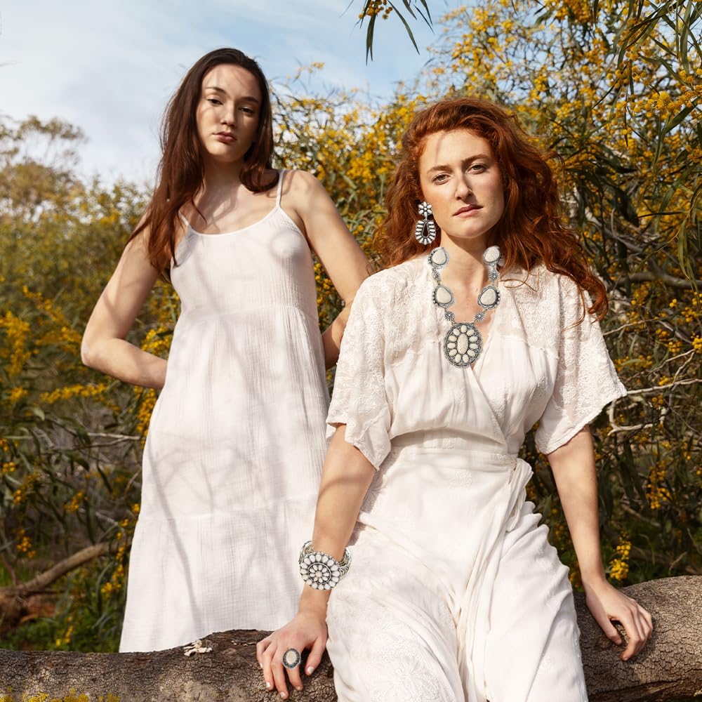 4 Pack Boho Vintage Turquoise Jewelry for Women, Bohemian Western Jewelry Set with Vintage Turquoise Necklace Dangle Earrings Stretchable Bracelet Ring, Country Cowgirl Accessories for Gift - Image 7