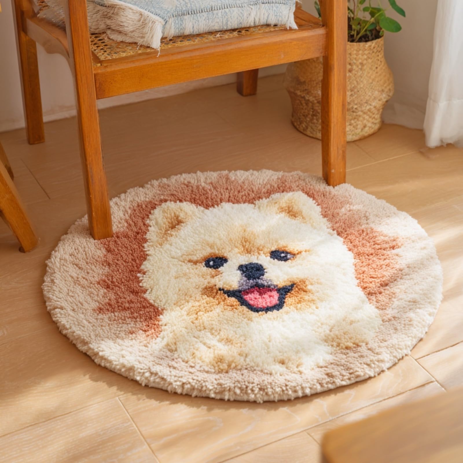 WallustrioaW DIY Latch Hook Rug Kits for Kids,Pomeranian,DIY Crochet Carpet Making Beginner Set for Adults Present Decoration,50x50cm