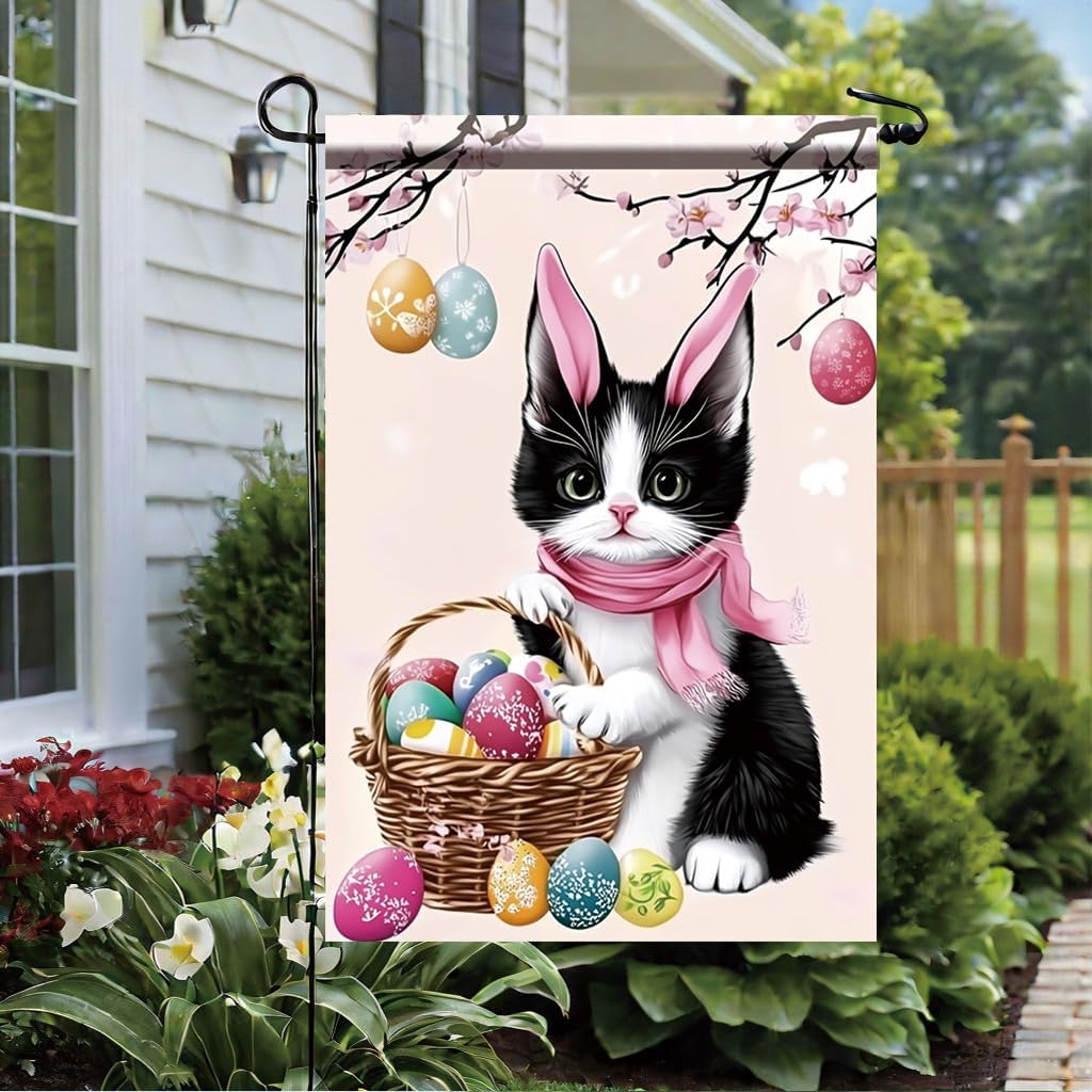 Easter Cat Garden Flag 12x18 Inch Double Sided Outdoor Yard Banner with Bunny EarsKitten and Easter Eggs Spring Basket Design for Patio Lawn Porch Holiday Decoration Decor - Image 4