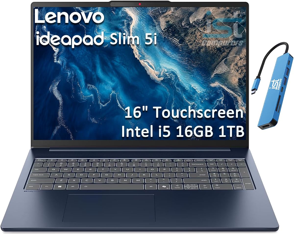 Laptop Lenovo 2026 Slim 5i (pantalla táctil FHD+ de 16", Intel Core i5 210H (> i7-1355U), 16GB DDR5, 1TB SSD), Ideapad 5 para empresas, hogar, retroiluminado, cámara web IR, Wi-Fi 6, carcasa de aluminio, Win 11 Home