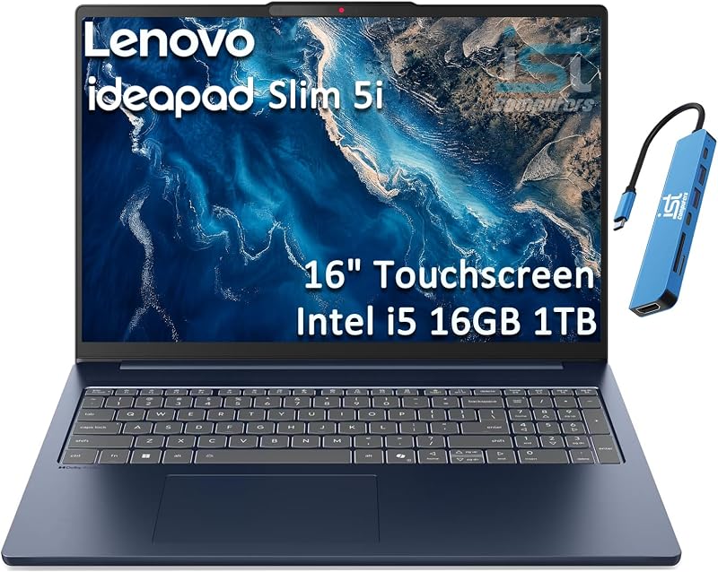 Laptop Lenovo 2026 Slim 5i (pantalla táctil FHD+ de 16", Intel Core i5 210H (> i7-1355U), 16GB DDR5, 1TB SSD), Ideapad 5 para empresas, hogar, retroiluminado, cámara web IR, Wi-Fi 6, carcasa de aluminio, Win 11 Home