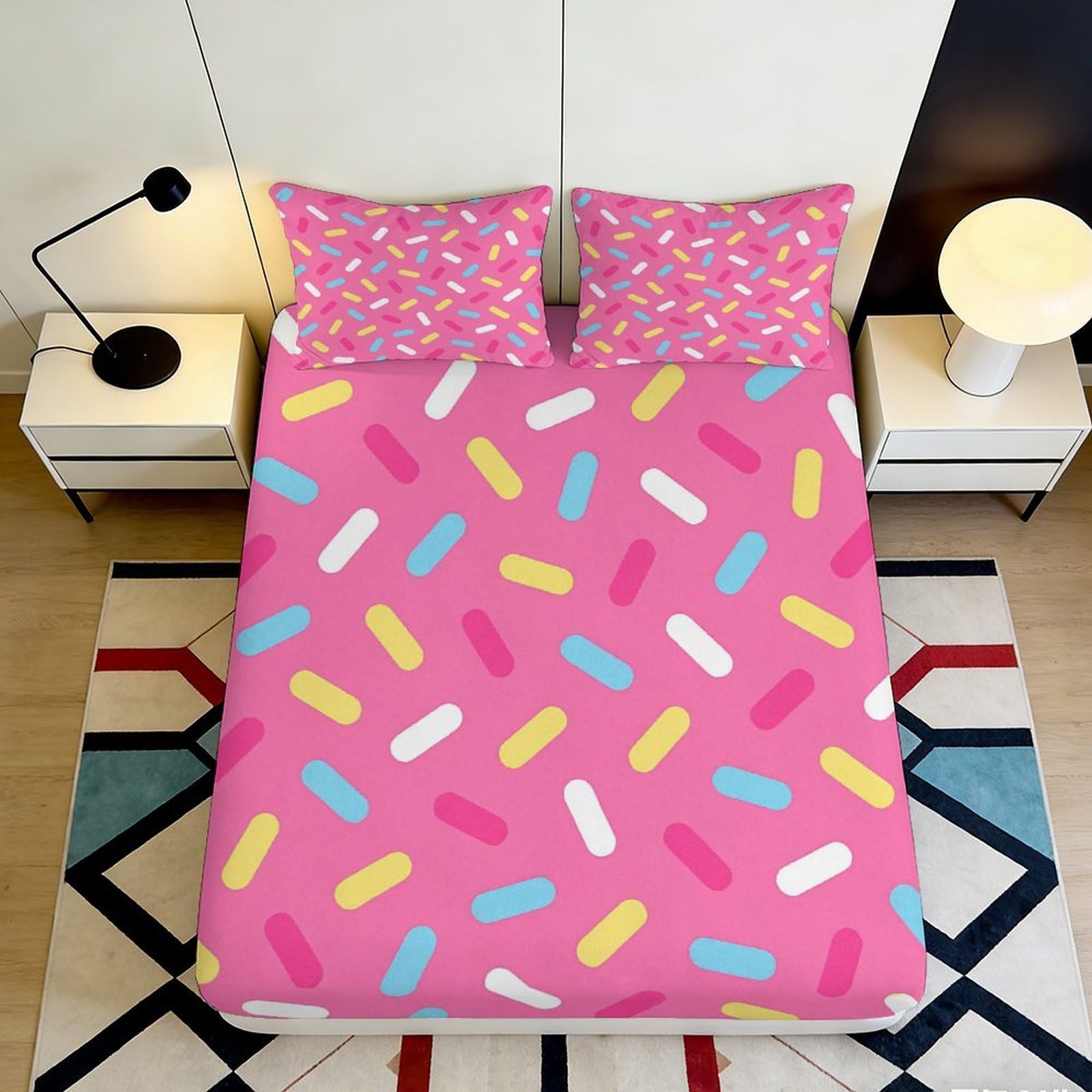 3D Printed Pink Sprinkles Fitted Sheet Microfiber Soft Anti-Slip Candy Confetti Bed Cover for Bedroom Dorm Decor 90x200x25cm