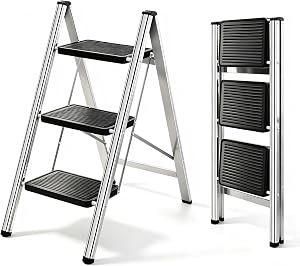 3 Step Ladder,330lb Folding Step Stool,Anti Slip Wide Pedal Portable Ladder | for Kitchen Closet Home RV Indoor Outdoor, Space Saving Foldable Ladder