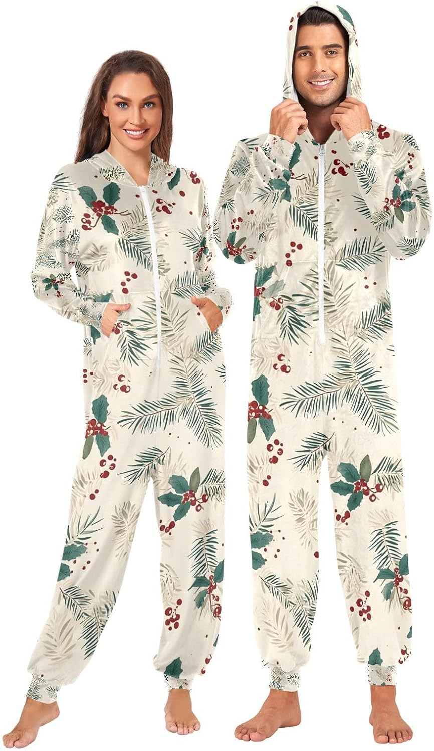 Green Pine Branches Berries Xmas Adult Onesie Pajamas for Unisex Novelty One Piece Costume Sleepwear
