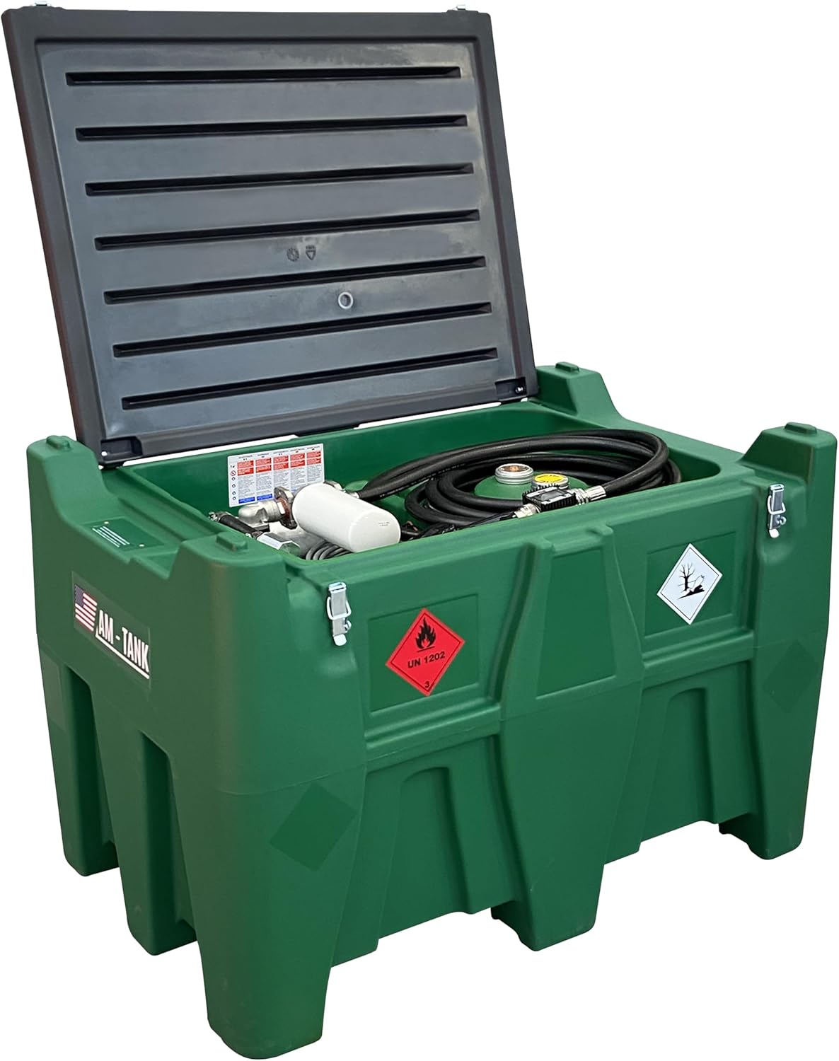 AM-TANK 116 DIESEL PREMIUM: Portable Diesel Tank 116 gal, 12V Pump, Digital Gallon Meter, Water and Particulate Filter, 26ft flexible hose, Auto-nozzle, Double 12V Battery Pack with Charger.