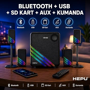 HEPU HP-TV02 2+1 Ev Sinema Sistemi – Bluetooth + USB + SD Kart + AUX + Kumandalı