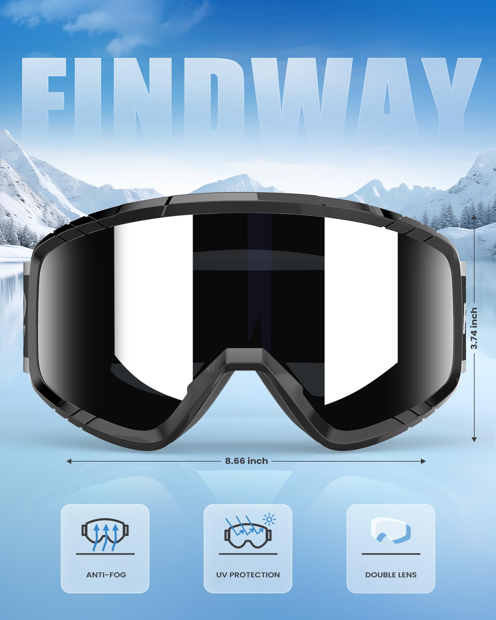 Findway Maschera da Sci, Occhiali da Sci per Uomo Donna Teenager OTG Maschere Sci, 100% Anti-UV Maschera Sci, Anti Nebbia, Adatto a Snowboard, Motocross e Altri Sport Invernali