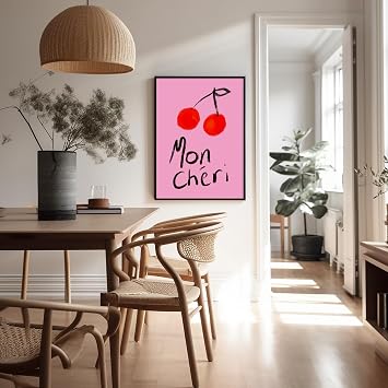 Monem Art Cherry Illustration Print - Mon Cheri Typography Poster - Wall Decor for Kitchen, Dining Room or Bedroom - 8x10 Unframed Wall Art by Talitha Mcqueen