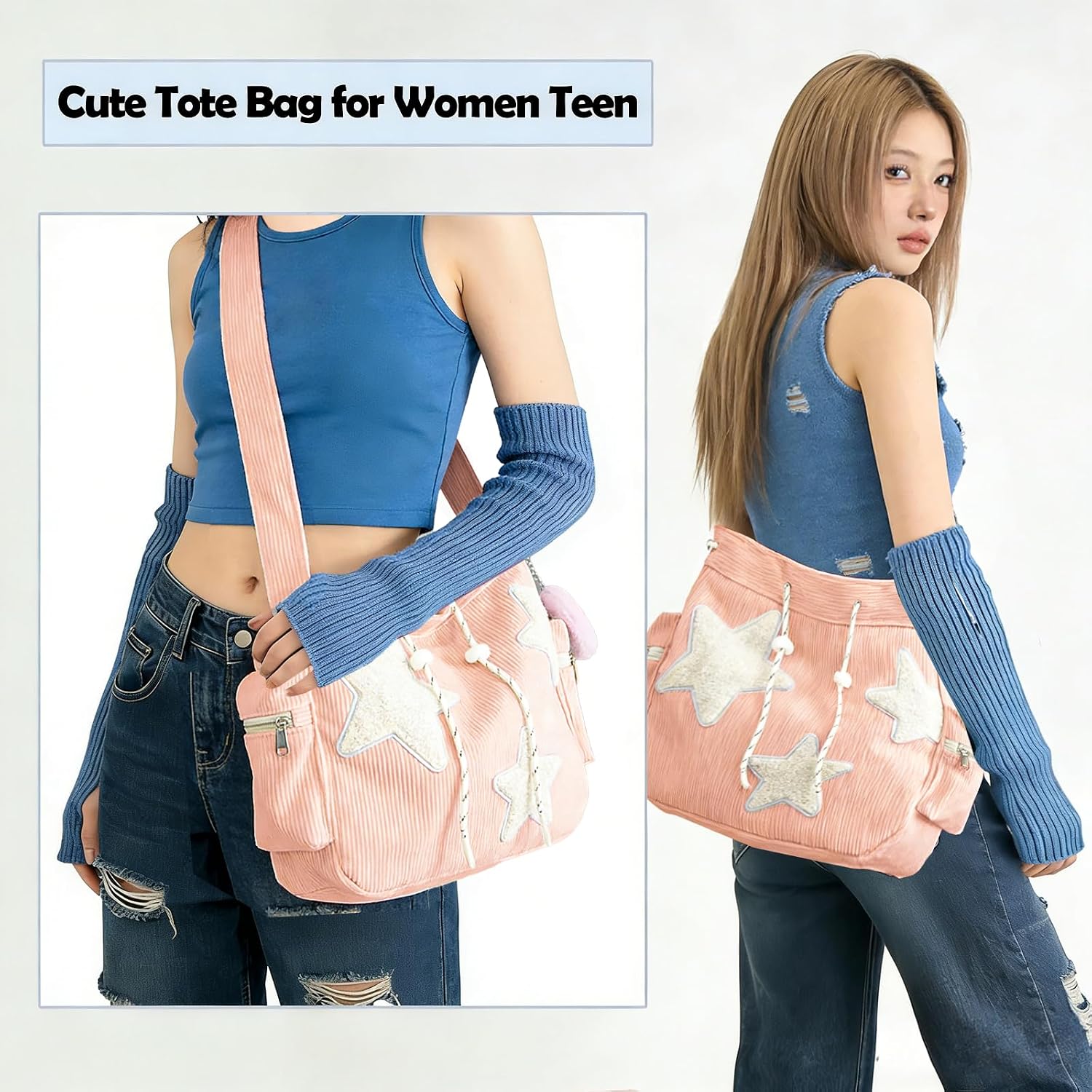 Star Tote Hobo Bag, with a plush double-sided mirror, Corduroy Drawstring Crossbody Bag, Y2k Star Tote Hobo Bag, Large Capacity Shoulder Bag, Cute shoulder bag (Pink)
