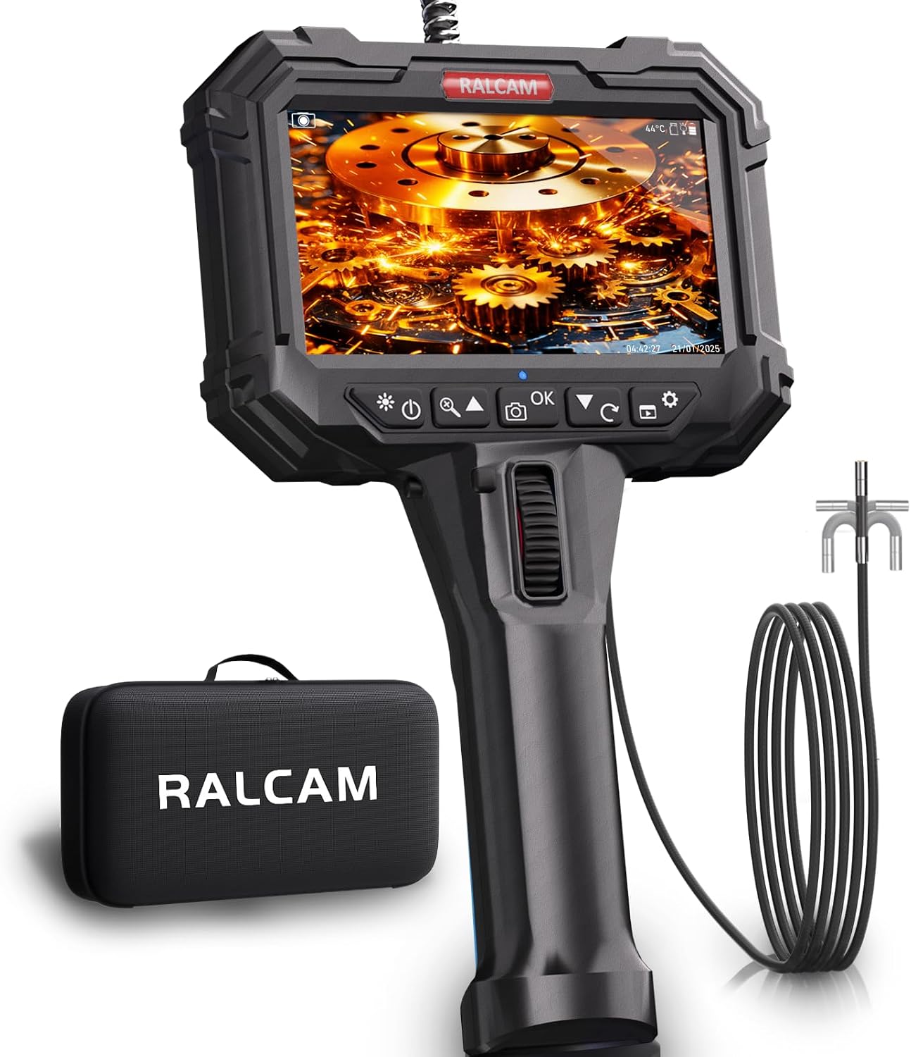 Ralcam kamera endoskopowa z oświetleniem, kamera endoskopowa z ruchomą głowicą 210°, sonda 5,5 mm, 5-calowy ekran HD, kamera inspekcyjna IP67, 1,5 m elastyczny przewód wężowy, kamera rurowa do