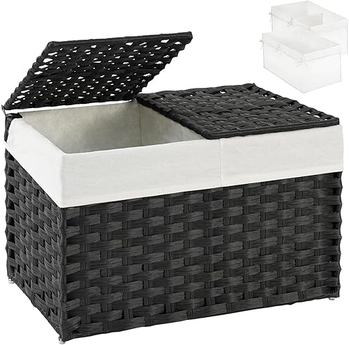 Cesta de almacenamiento con tapa, cestas de almacenamiento tejidas de ratán con 2 tapas separadas, 17.2 galones (65 L), contenedores de