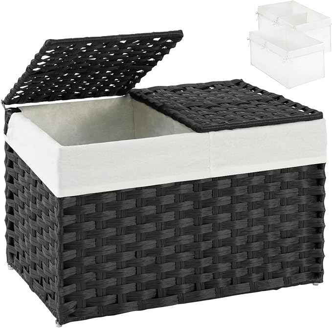 SETVSON Storage Basket with Lid Rattan Woven Storage Baskets with 2 Separate Lids, 17.2 Gallon (65 L), 22 x 13 x 13.8 Inches,Foldable, 2 Removable Liner Bags Handles for Bedroom, Laundry Room Natural