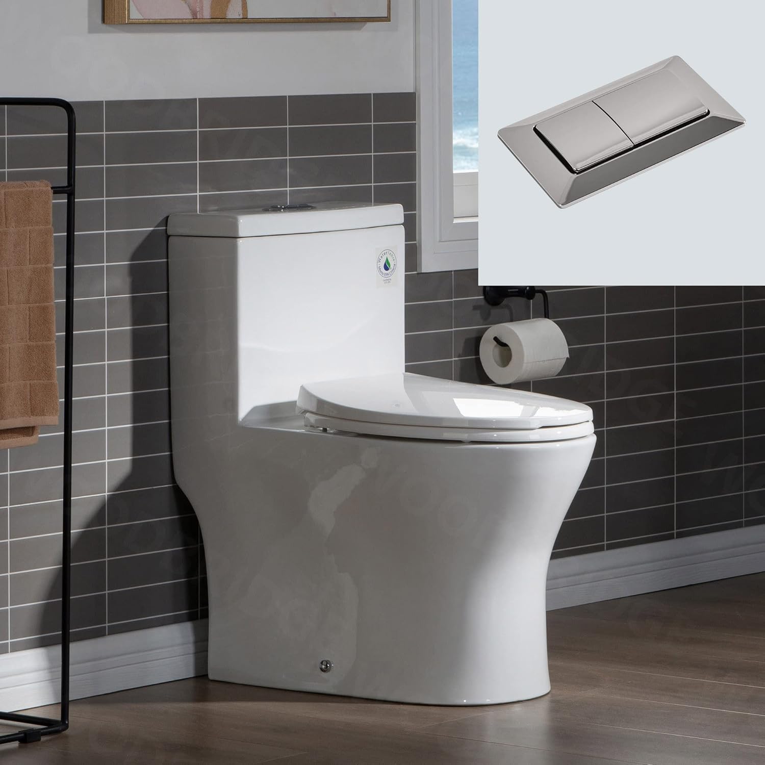 WOODBRIDGEE Modern Elongated One piece Toilet Dual flush 1.0/1.6 GPF,with Soft Closing Seat,1000 Gram MaP Flushing Score Toilet with Brushed Nickel Button B0750-BN, White
