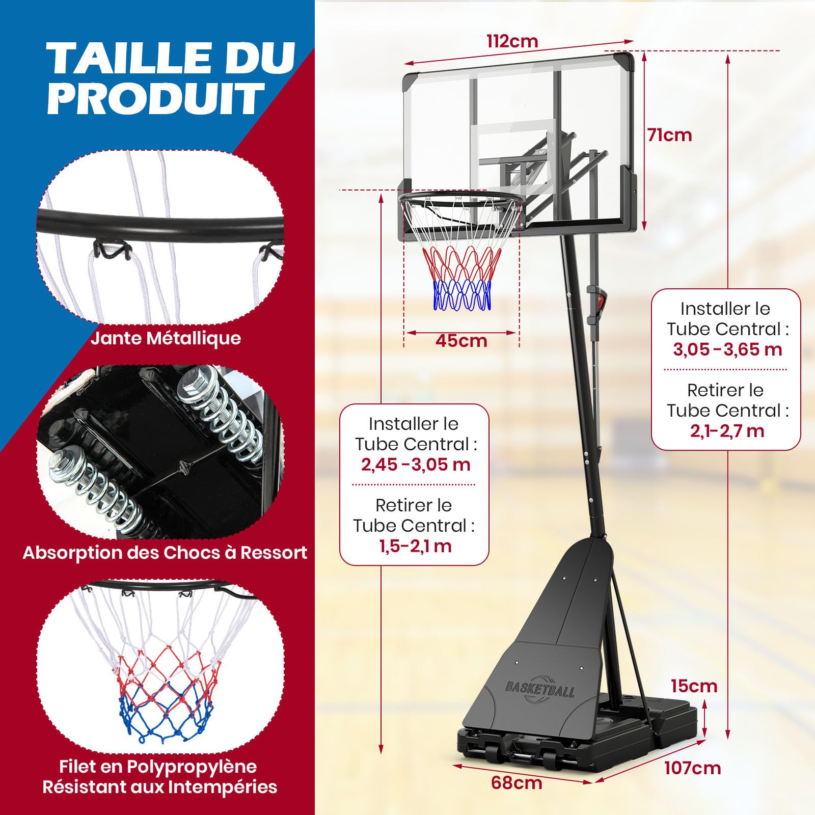 GYMAX Panier de Basketball Extérieur et Intérieur Mobile, Hauteur Ajustable 150-305cm sur 10 Niveaux, Base Remplissable d'eau et de Sable, Structure Stable Triangulaire, pour Enfants et Adultes