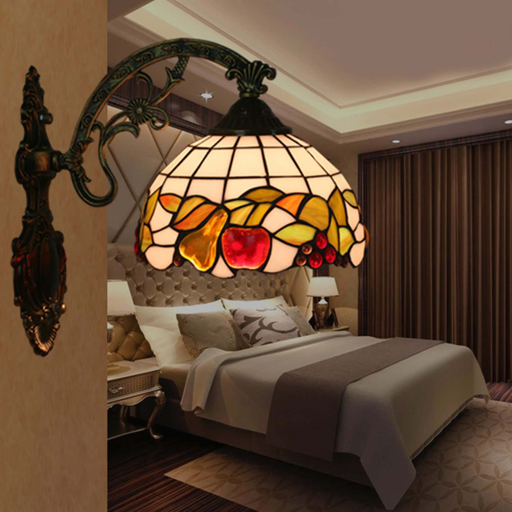 Applique da parete Tiffany, stile frutto, 20 cm, con vetri di mela, pera, uva e fiore, luce crescente o discesa, ideale per camera da letto, soggiorno, hotel e bagno, Down