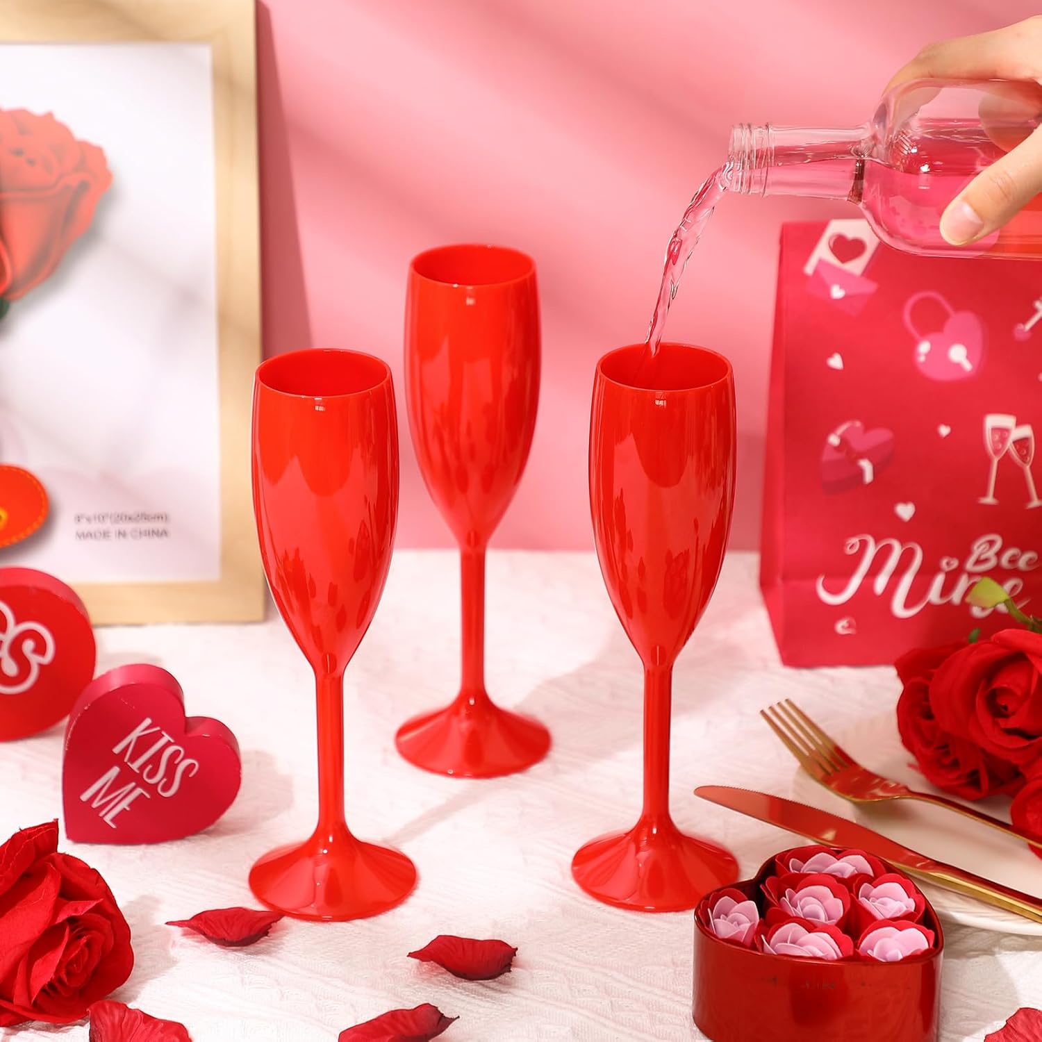 Domensi 40 Pcs Valentine's Day Red Champagne Flutes Bulk 6 oz Acrylic Wine Glasses Toasting Goblet Unbreakable Plastic High Stem Champagne Cups for Wedding Birthday Party - Image 7