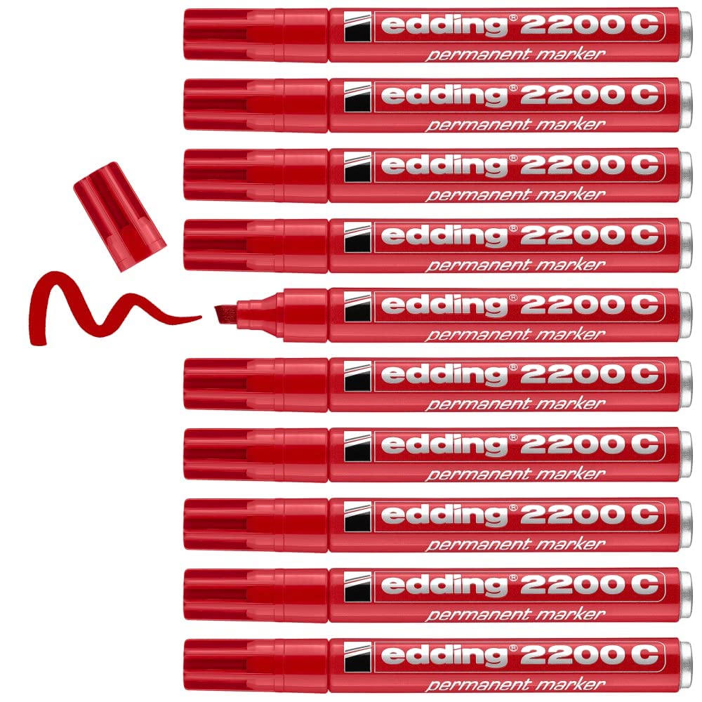 edding 2200 C permanent marker, red, box of 10, chisel tip 1-5 mm, quick-drying permanent marker pen, waterproof