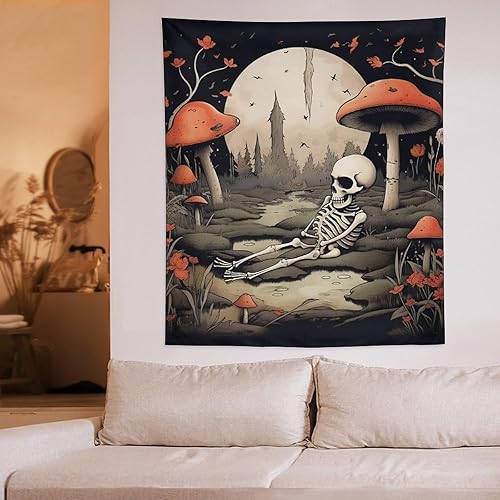 Miniatura 4 de BAHELS Tapiz estético de calavera y luna de hongos y naturaleza, diseño de esqueleto, plantas florales, flores, tapiz estético, decoración de pared