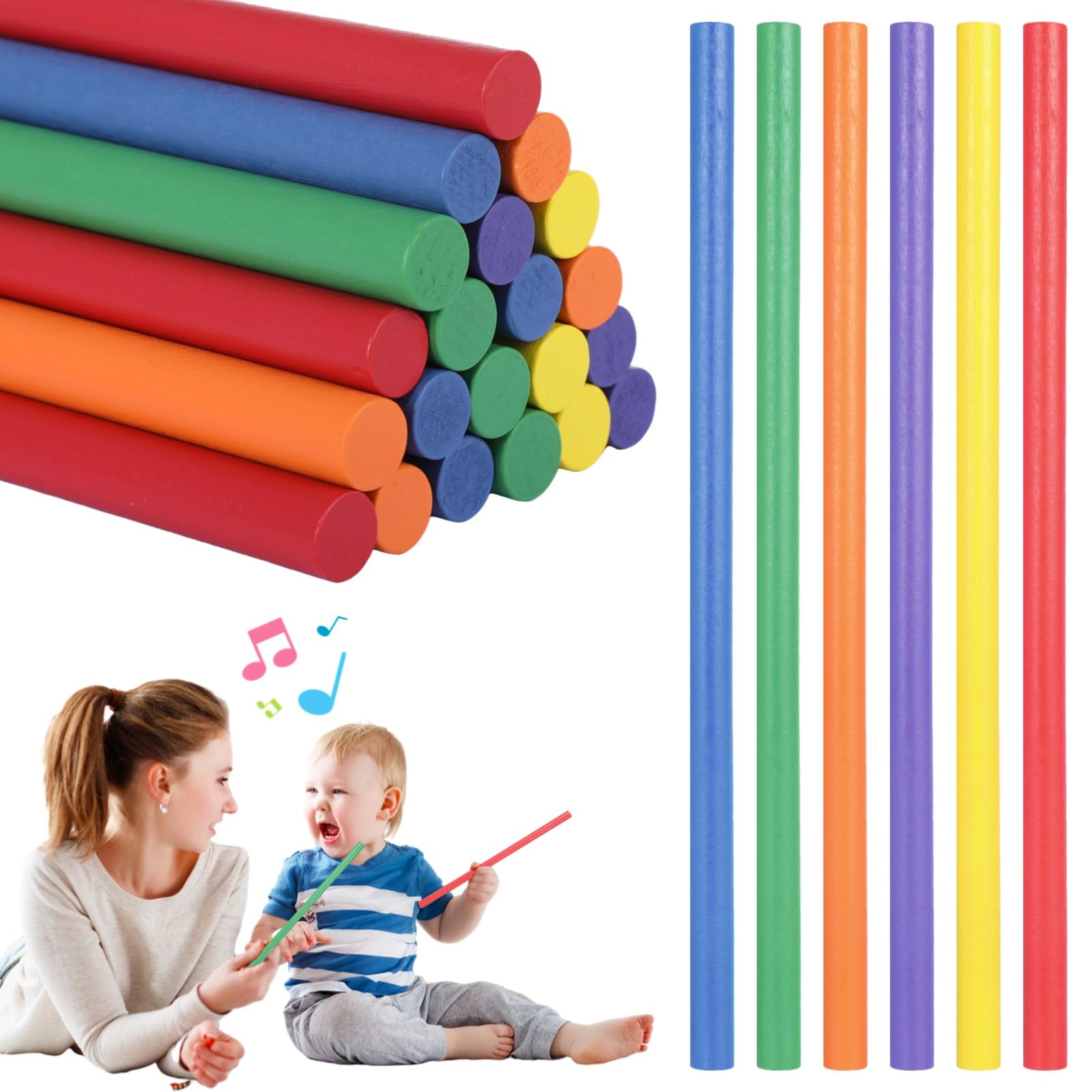 48 bastoncini ritmici in legno, bastoncini musicali in legno colorati per i più piccoli, bacchette in legno da 30 cm, diametro 1,3 cm, strumenti musicali a percussione per attività musicali in classe