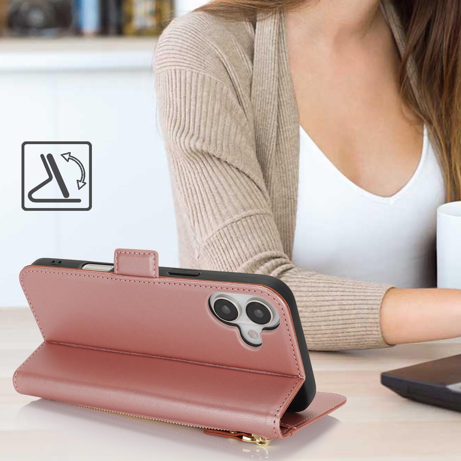 Ｈａｖａｙａ for iPhone 16 case Wallet with Card Holder Zipper for Women Men PU Leather Flip Folio Credit Card Slots Stand Shockproof Phone Cover(6.1")-Rose Gold