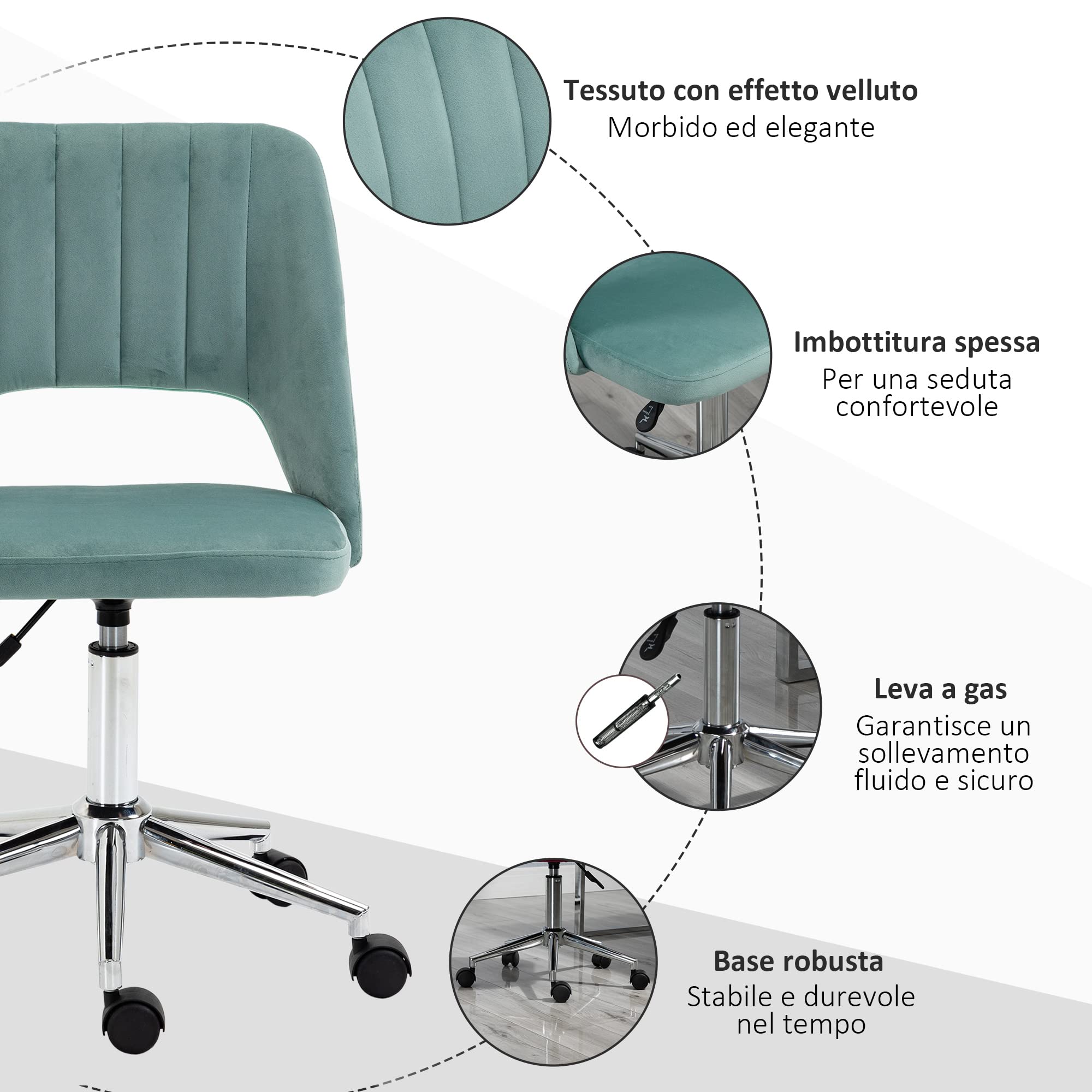 Vinsetto Sedia da Ufficio Ergonomica Girevole 49x60x79-91cm Verde Petrolio | Sedia Imbottita per Scrivania, Altezza Regolabile