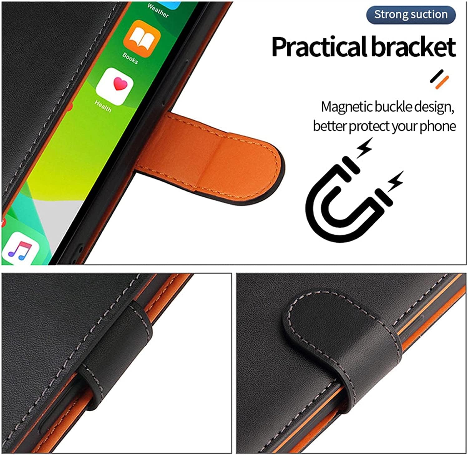 COOVS Case for iPhone 13, PU Leather Wallet Case with Card Slots, TPU Shockproof Kickstand Magnetic Protective Cover Flip Phone Case Cover (Color : Preto)