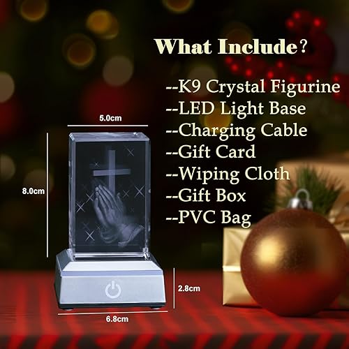Miniatura 3 de KOMI Estatua de figura de cristal 3D con base de luz LED, grabada con láser, estatuas de cruz de mano, regalos religiosos para mujeres y hombres,