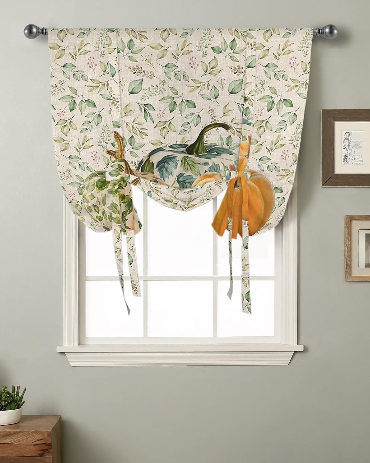 Vintage Farm Pumpkins Tie Up Window Shade Curtain Autumn Boho Leaf Plant Kitchen Adjustable Balloon Curtains Shades Drape 46x63In for Living Room/Bedroom/Cafe Windows Retro Cotton Check