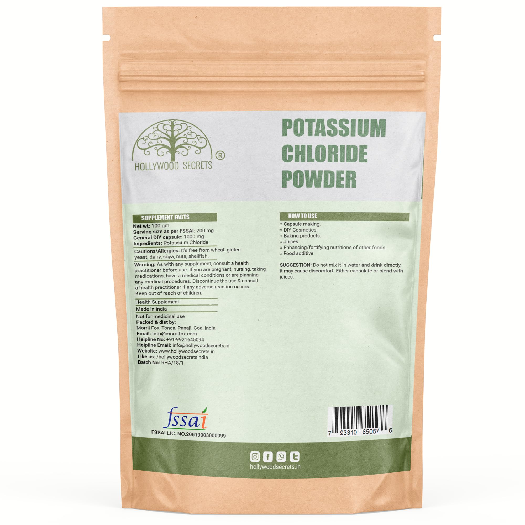 Hollywood Secrets Potassium Chloride Powder 100 gm Pharma Grade