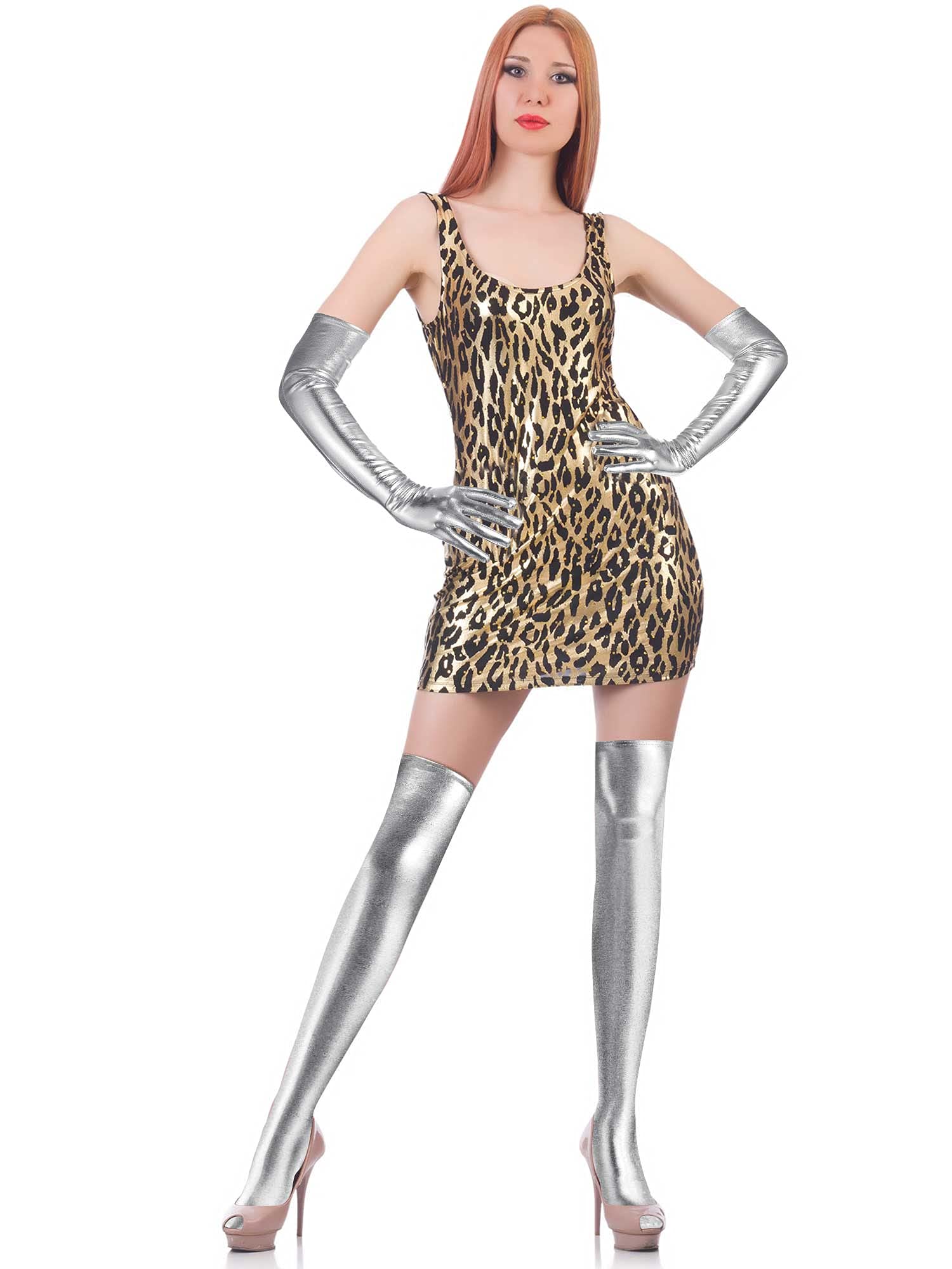 SATINIOR Women's Carnival Halloween Costume Elastic Spandex Shiny Wet Long Gloves and Thigh High Stockings: Silver