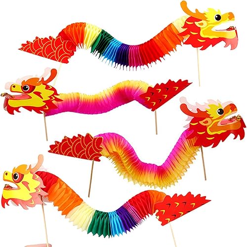 Kit de 4 piezas de guirnalda de dragón chino de Año Nuevo, juguetes de dragón de papel chino de mano para niños, decoración colgante de año de