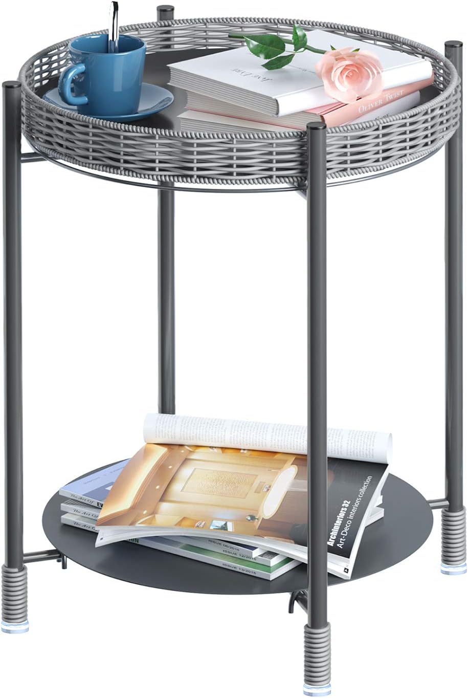 GREENSTELL Side Table, Metal Round Tray Side Table with Removable Tray, Folding Side Table, 2-Tier End Accent Table for Living Room, Sofa, Bedroom, Balcony and Office Grey