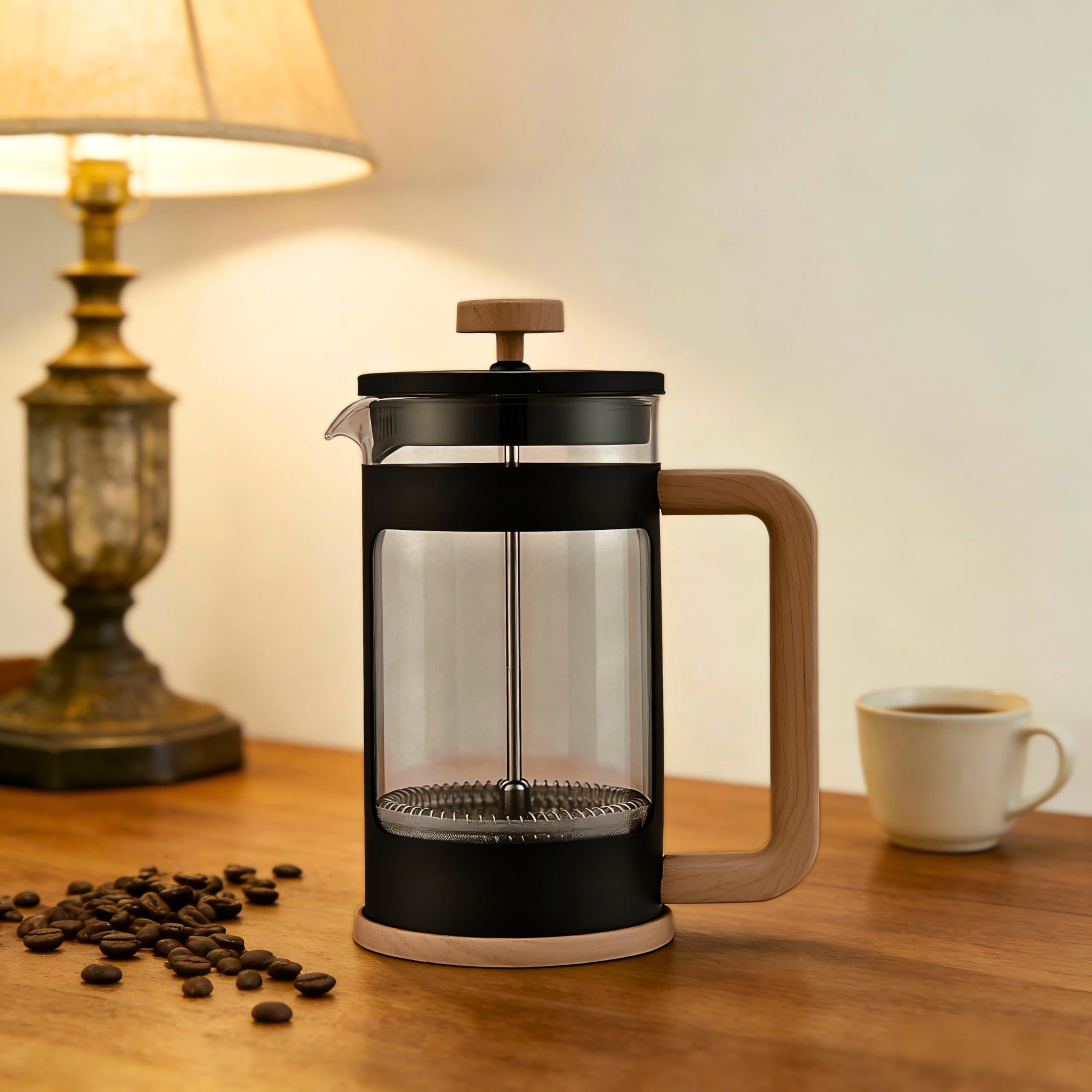 Generisch French Press 1L – Kaffeebereiter aus hitzebeständigem Glas, Edelstahlfilter (feinmaschig), mattschwarz, Griff in Holzoptik, bis zu 4 Tassen (à 250 ml)