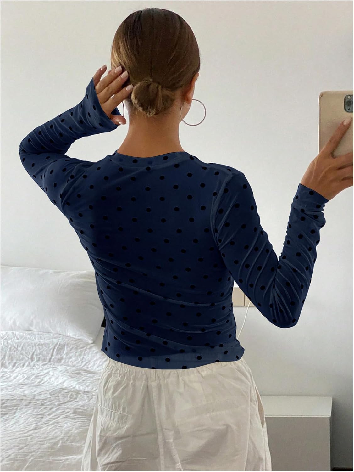 SHENHE Women's Polka Dots Sheer Mesh T Shirt Long Sleeve Round Neck Slim Fitted Streetwear Top - Image 2