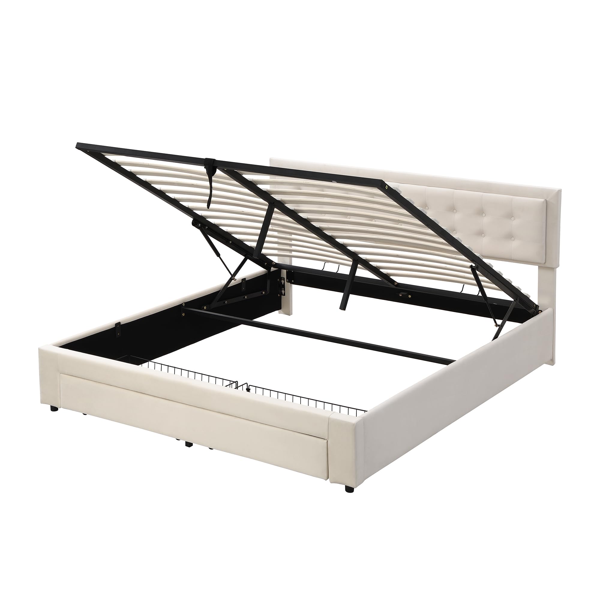 Rtopsu Letto Imbottito Letto Matrimoniale 160x200 cm, Letti con Contenitore e Cassetti, Struttura del Letti con Rete a Doghe in Legno e Telaio Idraulico in Metallo, Velluto, Beige, Senza Materasso