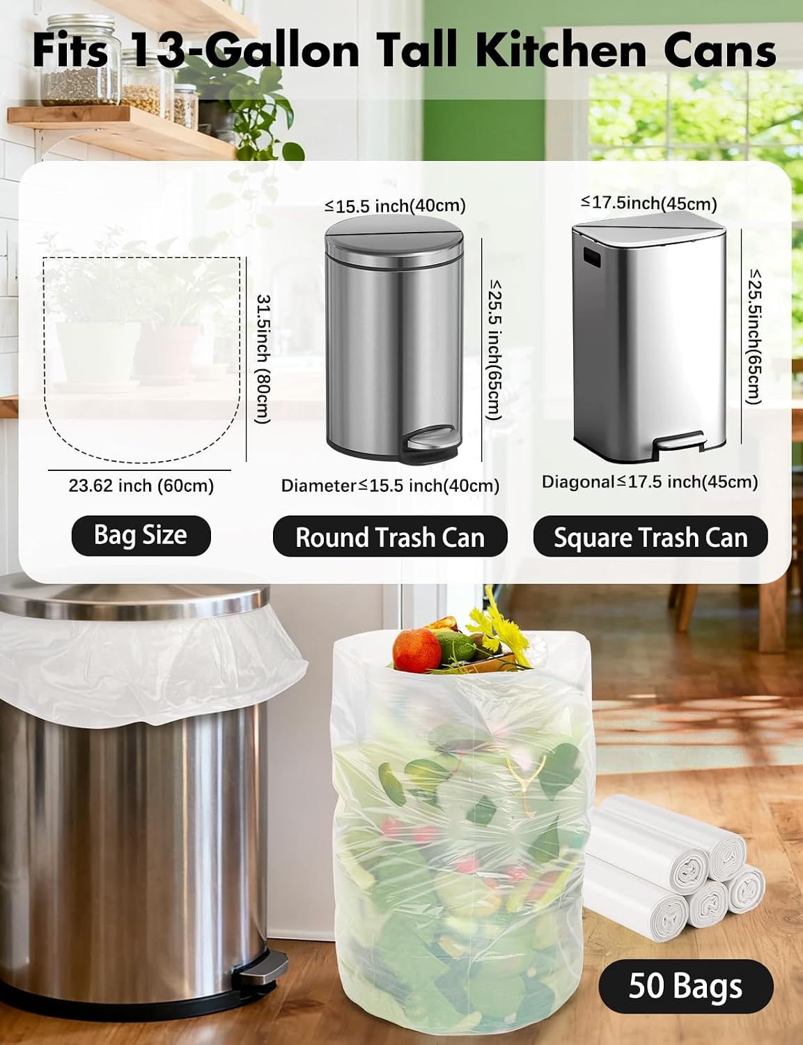Compost Bags 13 Gallon, 50 Count Biodegradable Compostable Tall Kitchen Can Liners, Thick Unscented Tear & Leak Proof Plant-Based Garbage Bags for Food Waste, Bathroom & Garden, white