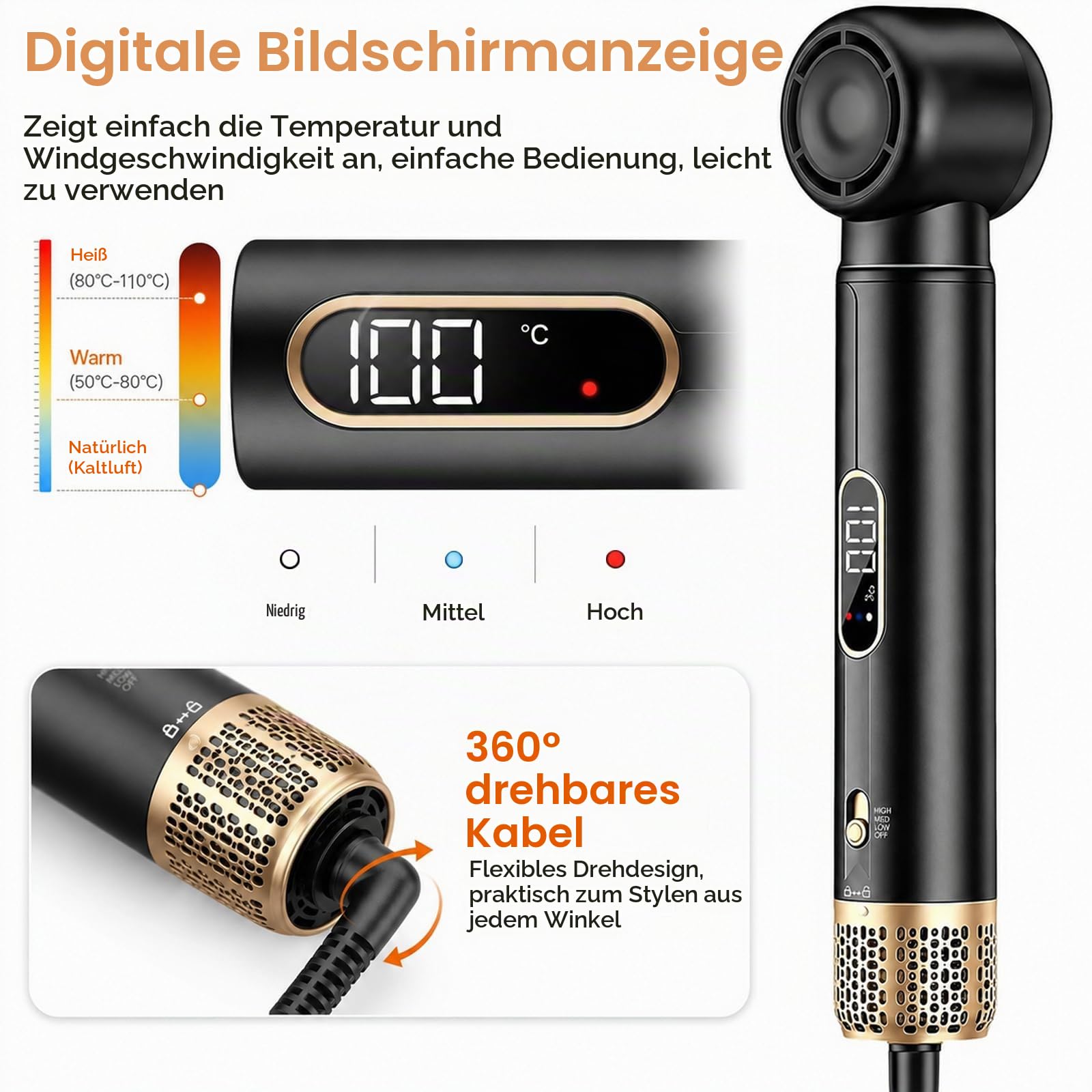 Hair Styler Set 5 in 1 mit LCD-Temperaturanzeige 1000W | Haarstyler,Ionen-Haartrockner&Warmluftbürste,3 Heizstufen,Rundbürstenföhn Hairstyler Set Für Glätten Trocknen Volumen Locken