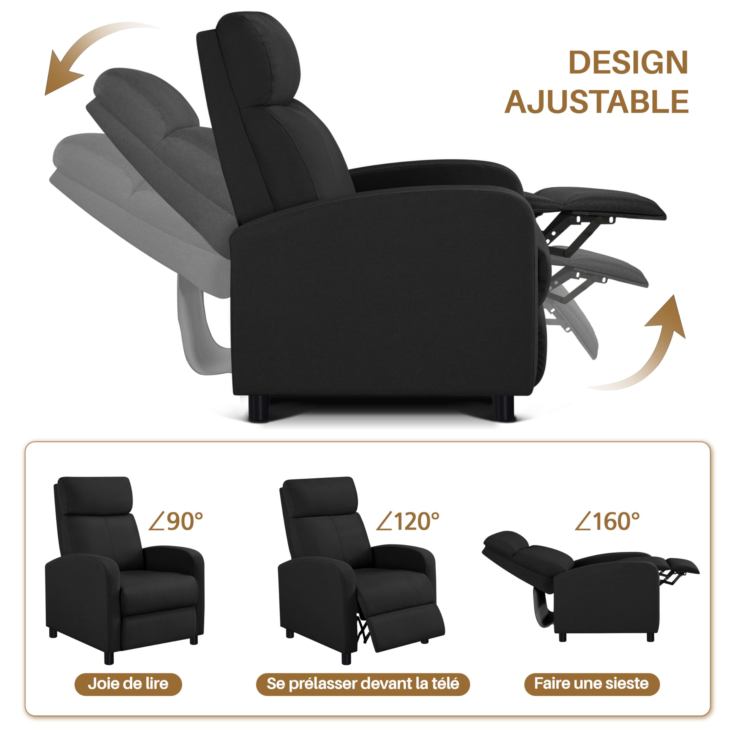Yaheetech Fauteuil de Relaxation Chaise de Détente Siège de Canapé Fauteuil Relax/Chambre à Coucher/Home Cinéma Noir/Tissu
