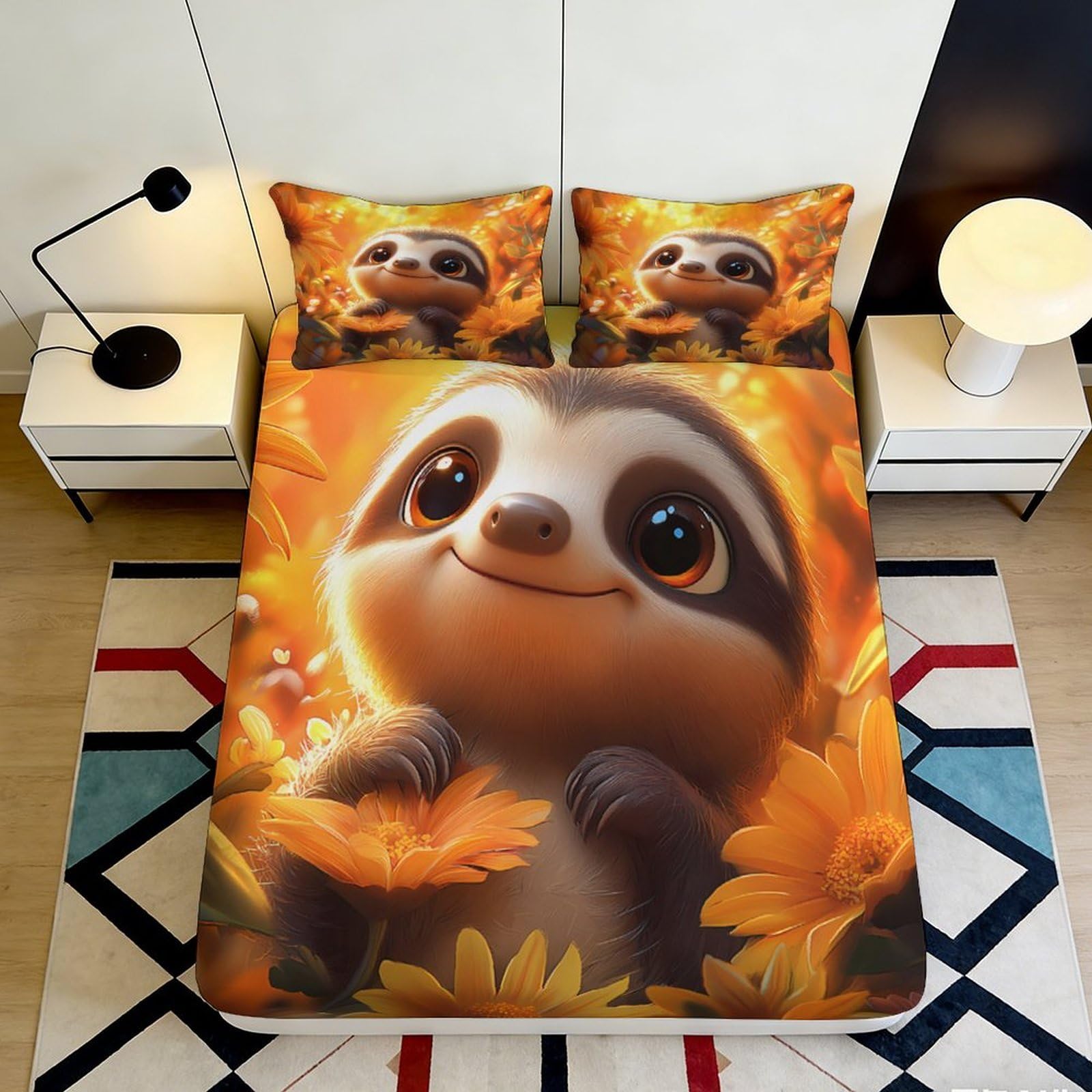 3D Printed Cute Sloth Fitted Sheet Microfiber Soft Breathable Sunflower Bed Cover for Bedroom Dorm Mattress Protection Decor 120x200x25cm