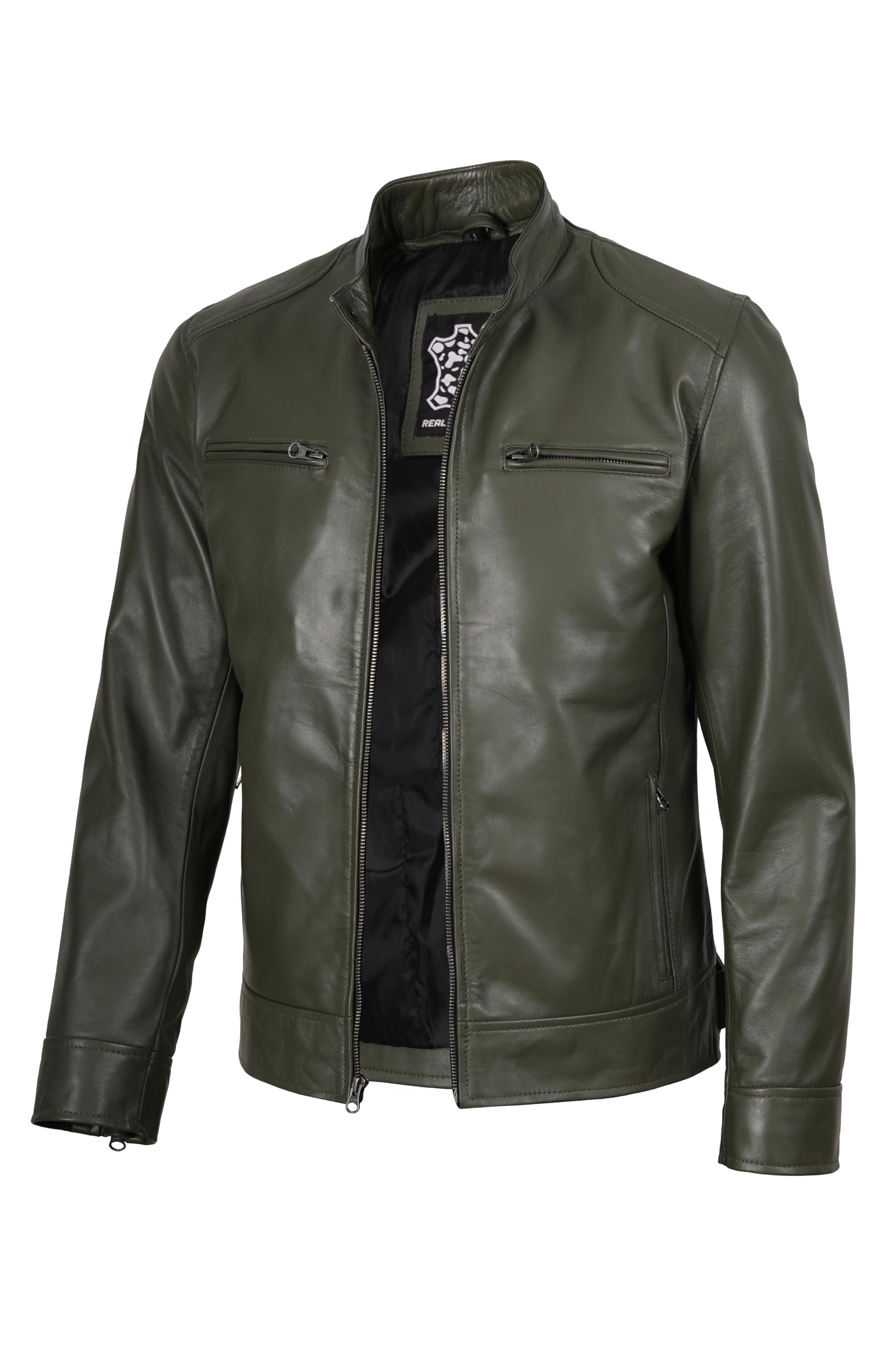 fjackets Mens Leather Jacket - Real Lambskin Cafe Racer Jacket Stand Collar Moto Biker Zip Jacket For Men
