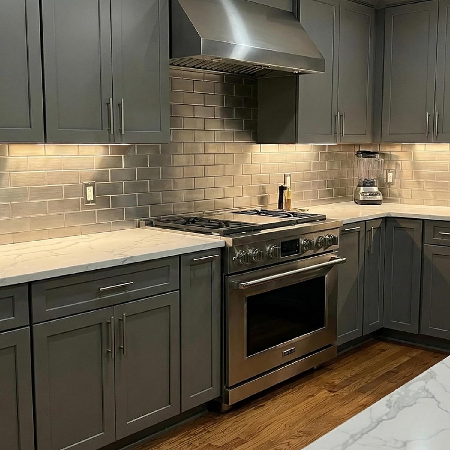 From Plain To Beautiful In Hours 129 Subway PVC 2' x 8' Glue-up Backsplash Panels (Covers / 32 sq.ft), Brushed Stainless Steel, 2 Piece