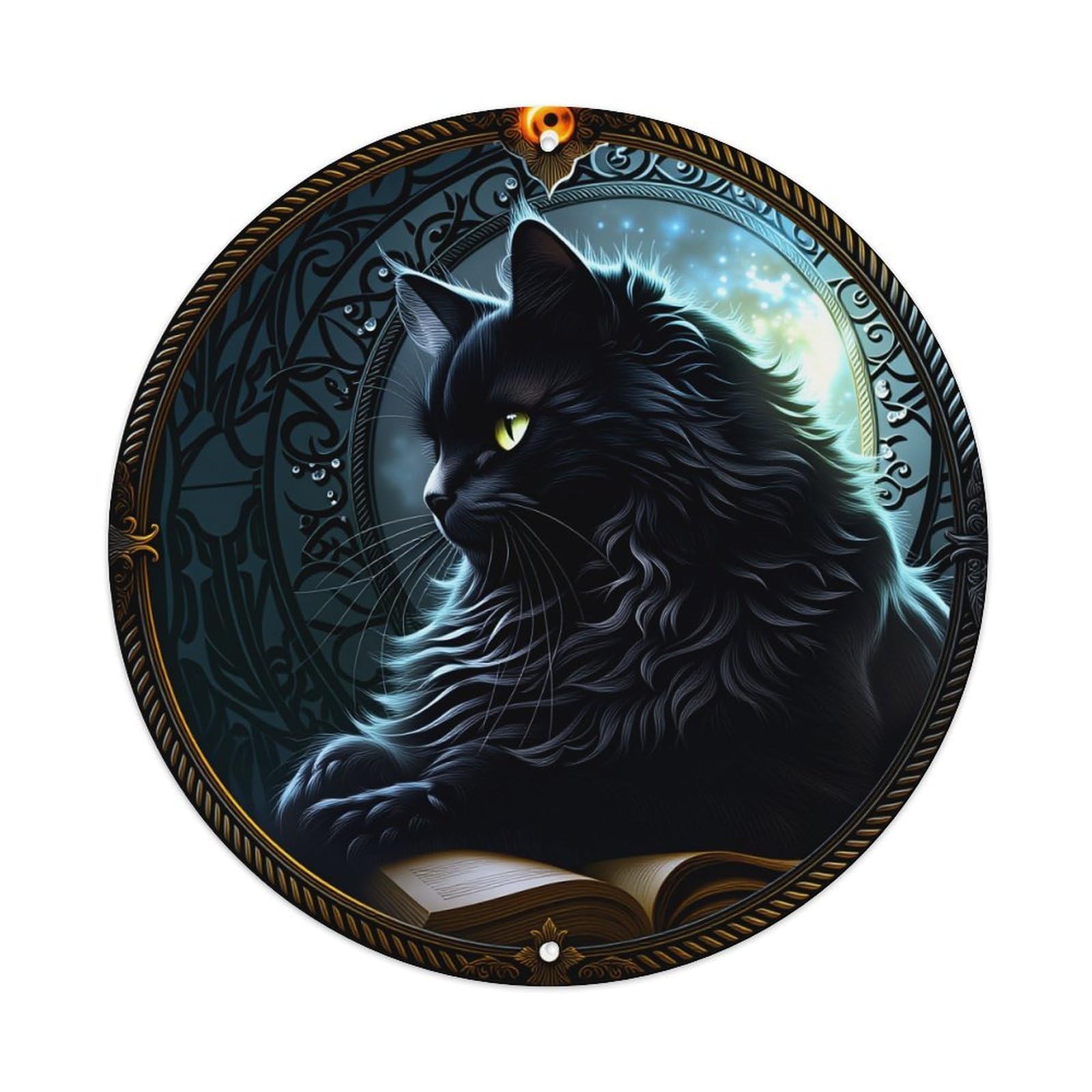 Black Cat With Glowing Eyes And Open Book Metal Tin Sign Plaque