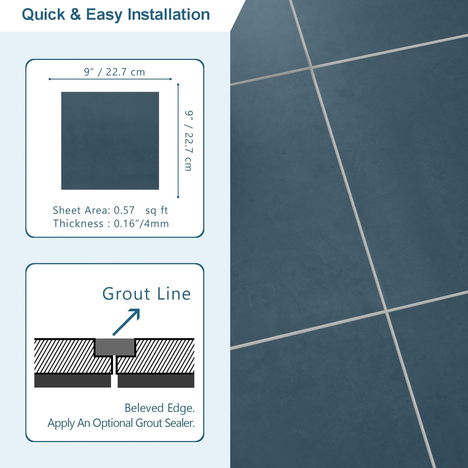 16-Pack Peel and Stick Floor and Wall Tile for Kitchen Bathroom, 9" x 9" Stone Composite Self Adhesive Vinyl Flooring Blue Cement Looks Waterproof Backsplash Tile, Covers 9.12 Sq Ft.