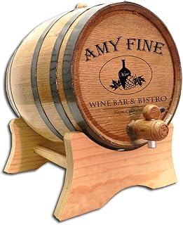 Personalized 10 Liter Oak Wine Barrel Dispenser (2.5 gallon) with Wood Stand, Bung, and Spigot - Small Toasted Wine Aging Barrels For Wine Making, Mead - Engraved Custom Bistro Design (B312)