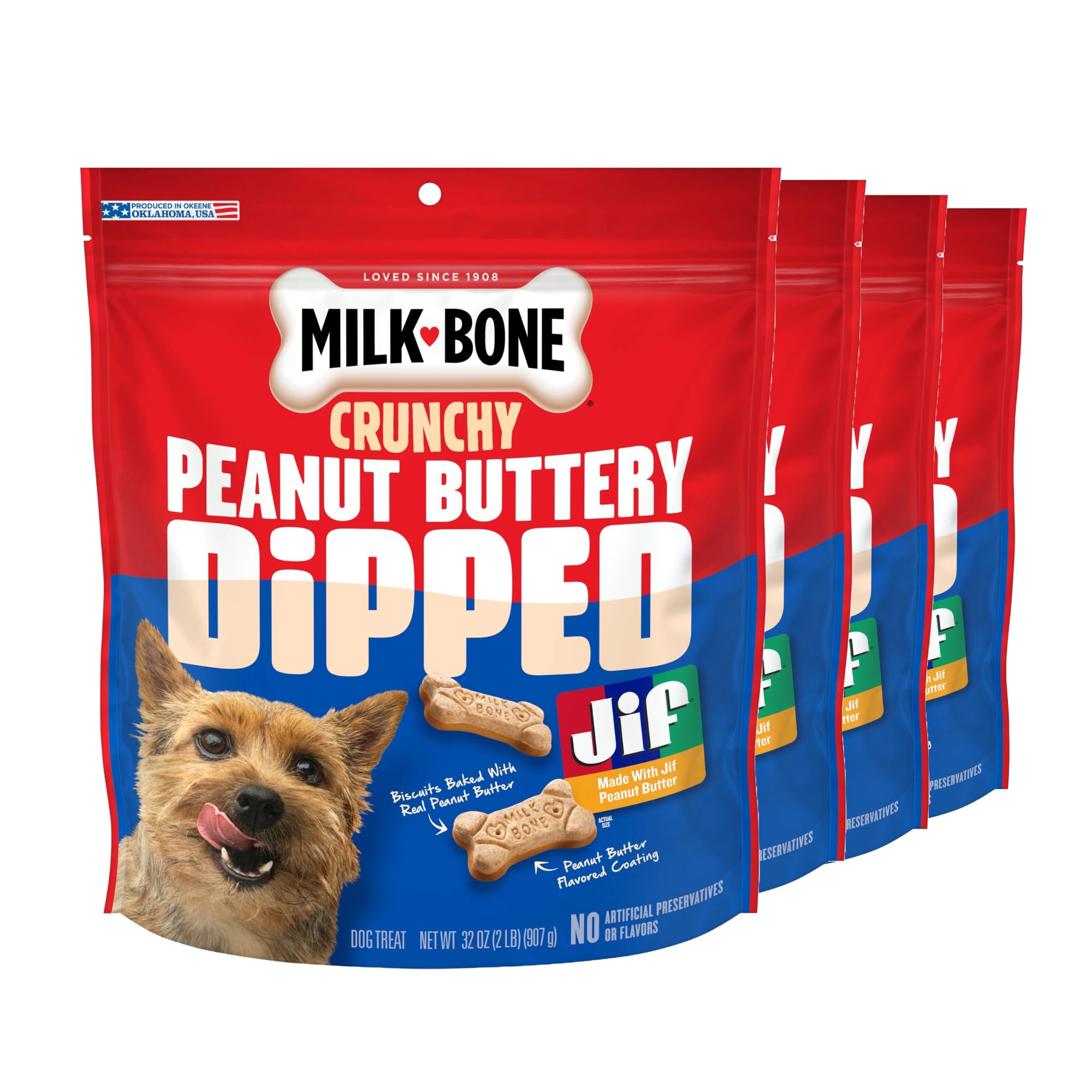 Milk-Bone Peanut Buttery Dipped Dog Biscuits with Jif Peanut Butter, 32 Oz. Bags (Pack of 4)